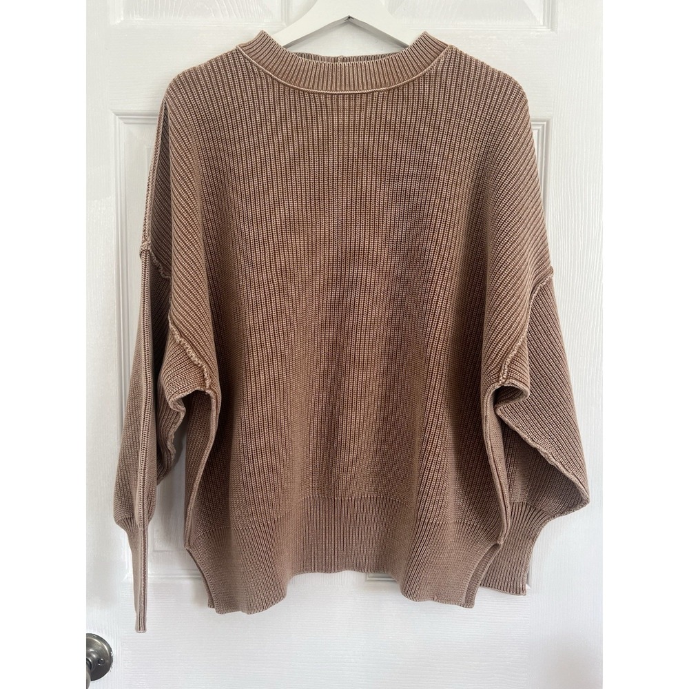 Aerie Ribbed Knit Sweater Balloon Sleeve CrewNeck Brown Cozy Casual Lounge Top M - Picture 2 of 10